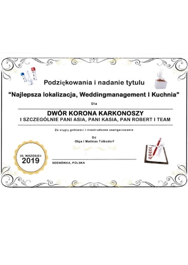 certyfikat Dworu Korona Karkonoszy w Sosnówce koło Karpacza