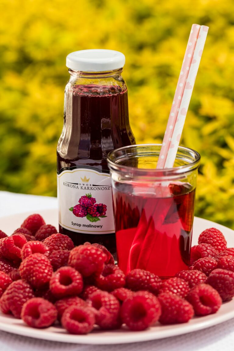 raspberry syrup and raspberries from Dwór Korona Karkonoszy in Sosnówka near Karpacz